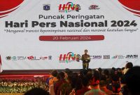 Presiden Jokowi dalam puncak peringatan Hari Pers Nasional di Jakarta, Selasa (20/2/2024). Foto: Dewan Pers