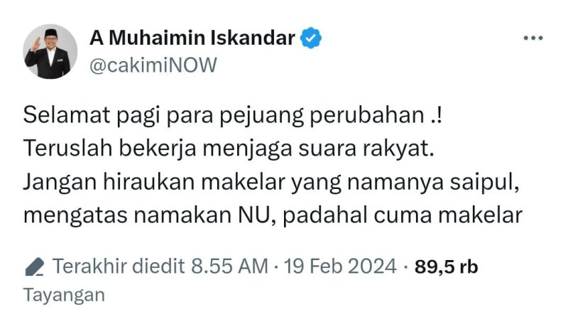 Unggahan Ketua Umum PKB Muhaimin Iskandar di akun X pribadinya. 